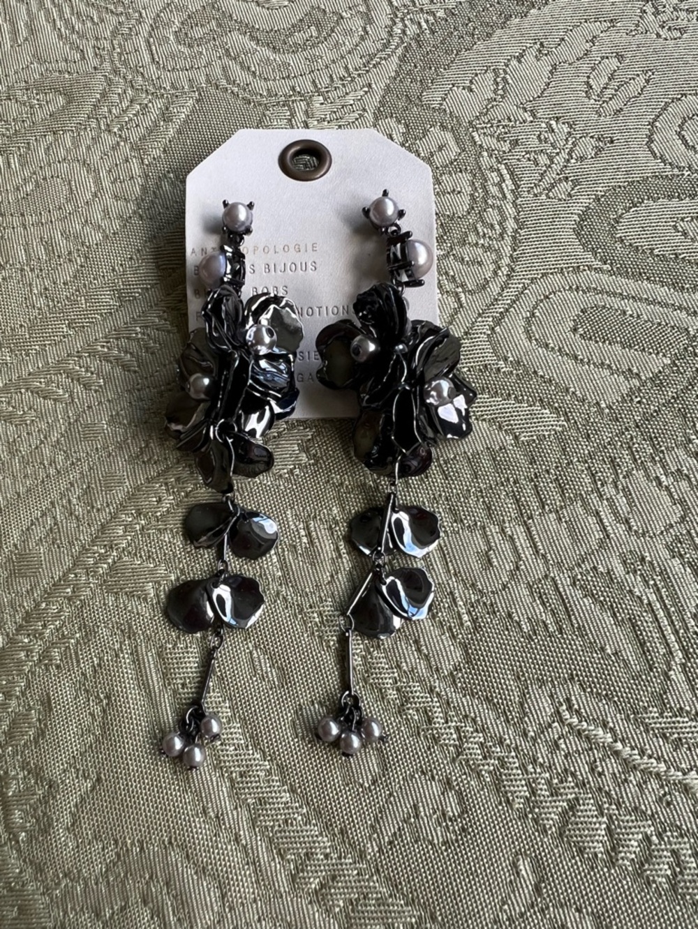 NWT Anthropologie Blossom Drop Earrings Dark Gray